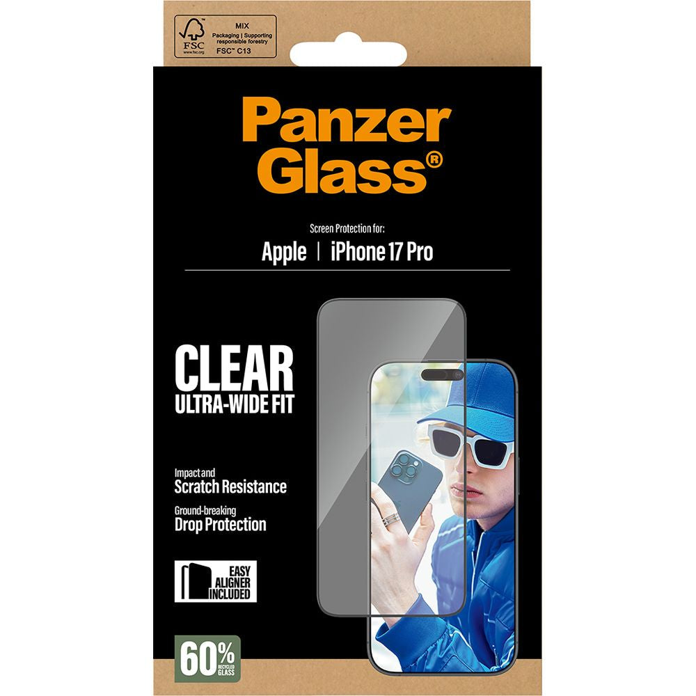 Gehärtetes Glas mit Applikator für iPhone 17 Pro, PanzerGlass Ultra-Wide Fit, Transparent mit schwarzen Rahmen