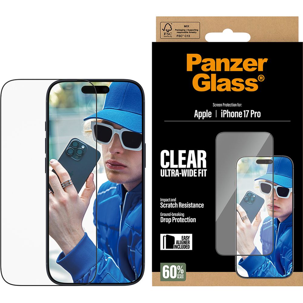Gehärtetes Glas mit Applikator für iPhone 17 Pro, PanzerGlass Ultra-Wide Fit, Transparent mit schwarzen Rahmen