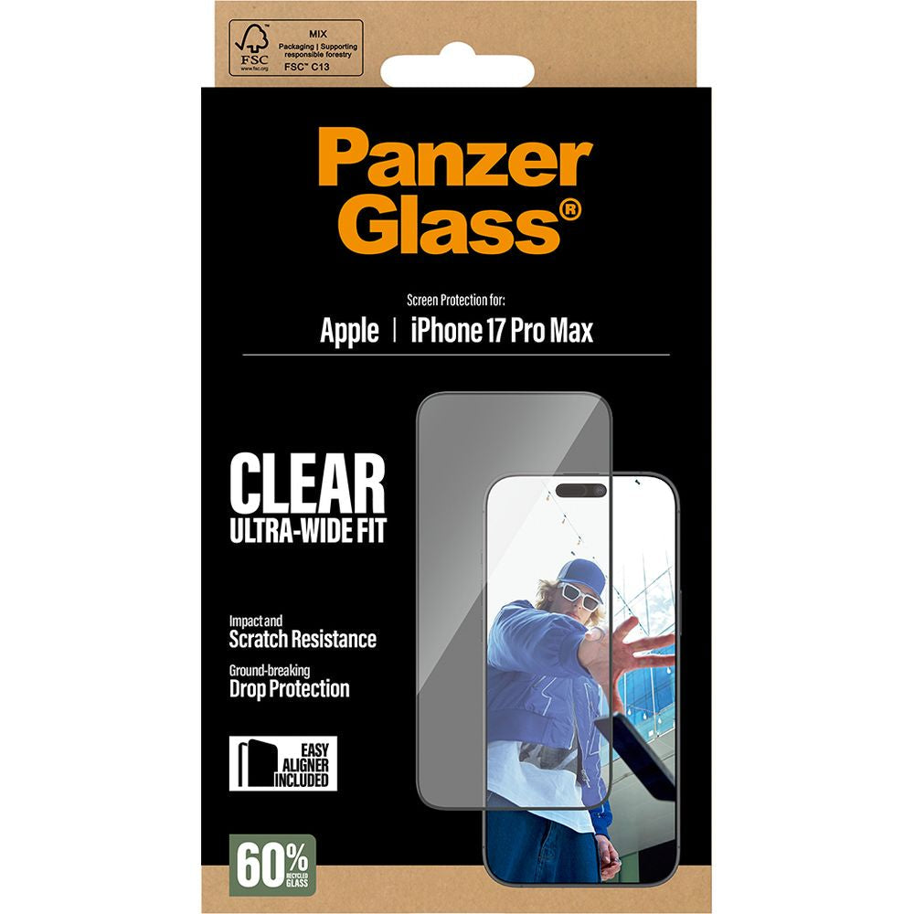 Gehärtetes Glas mit Applikator für iPhone 17 Pro Max, PanzerGlass Ultra-Wide Fit, Transparent mit schwarzen Rahmen