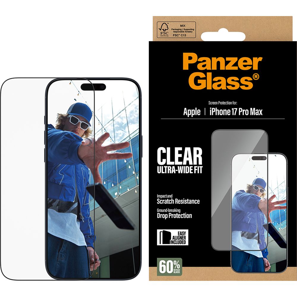 Gehärtetes Glas mit Applikator für iPhone 17 Pro Max, PanzerGlass Ultra-Wide Fit, Transparent mit schwarzen Rahmen