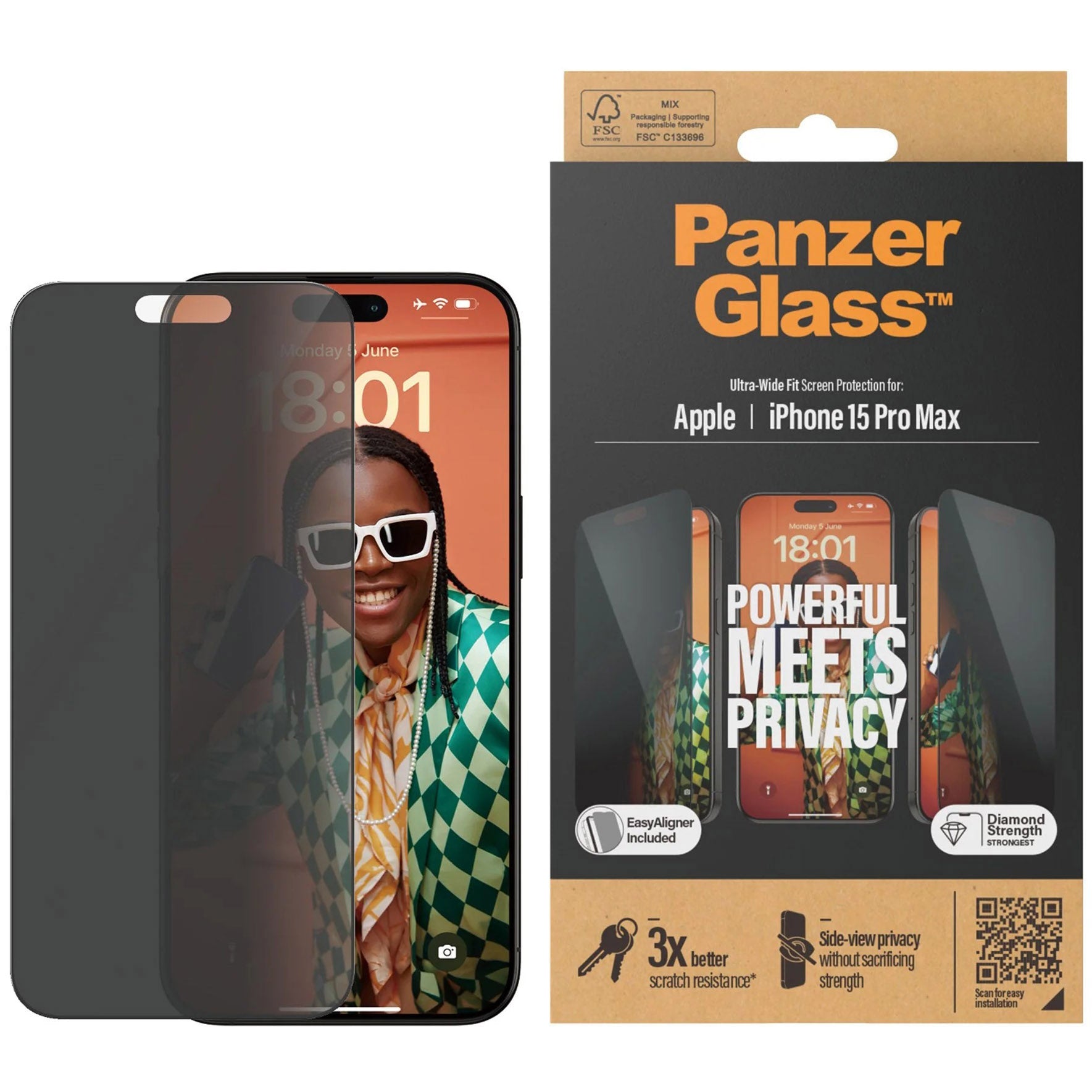 Gehärtetes Glas für das gesamte Display PanzerGlass Ultra-Wide Fit Privacy + EasyAligner für iPhone 15 Pro Max, Getönte mit schwarzer Rahmen