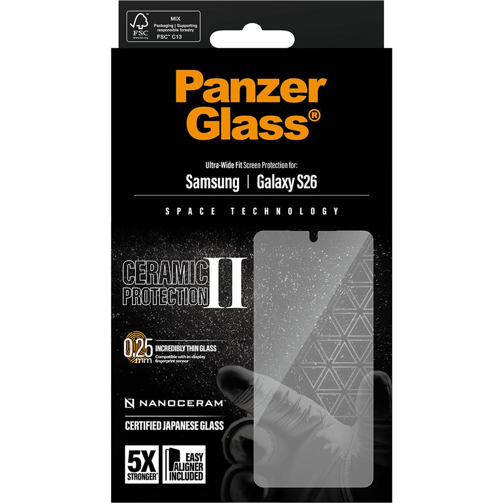 Gehärtetes Glas mit Applikator für Galaxy S26, PanzerGlass Ceramic Ultra-Wide Fit + EasyAligner