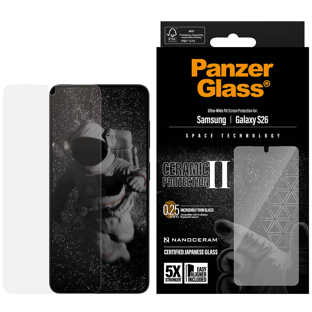 Gehärtetes Glas mit Applikator für Galaxy S26, PanzerGlass Ceramic Ultra-Wide Fit + EasyAligner