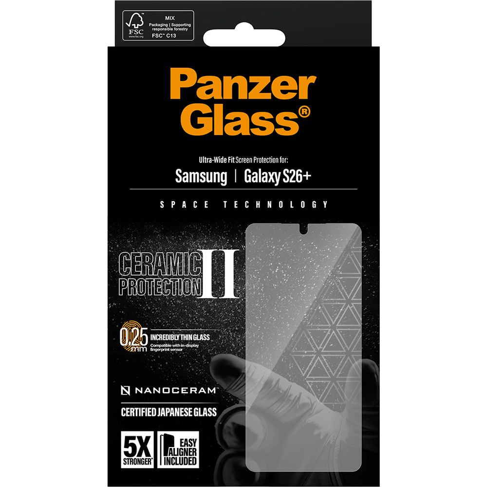 Gehärtetes Glas mit Applikator für Galaxy S26 Plus, PanzerGlass Ceramic Ultra-Wide Fit + EasyAligner