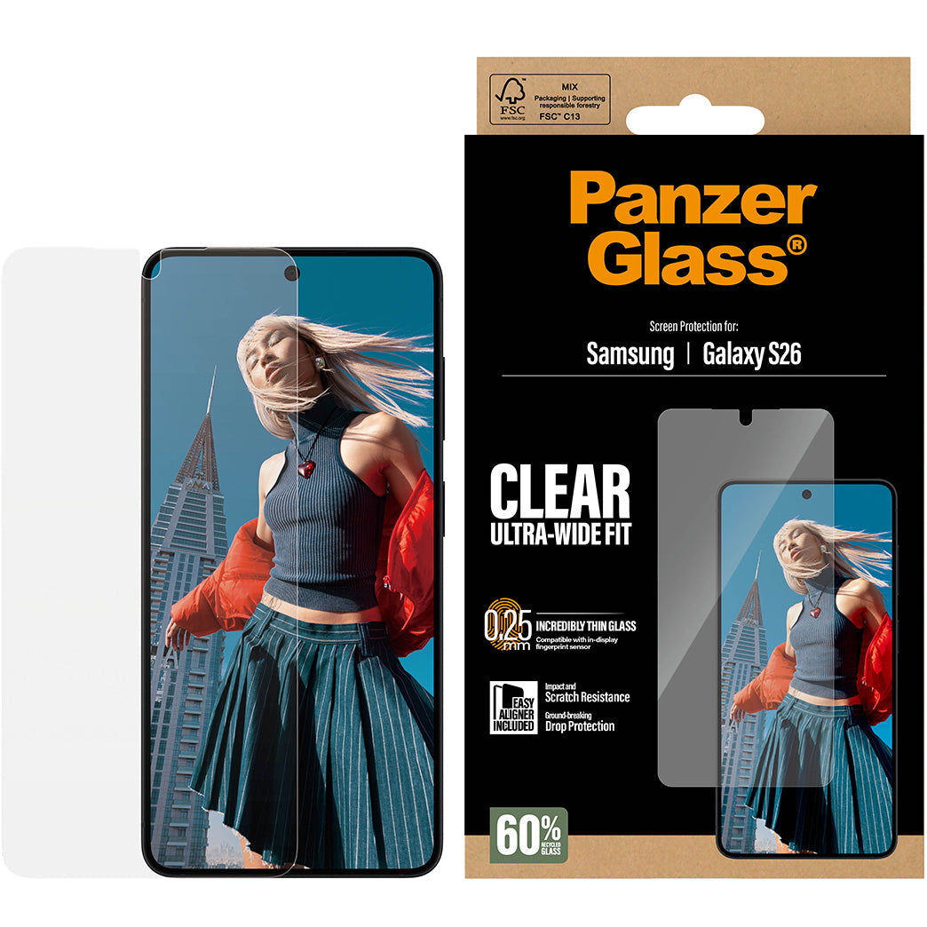 Gehärtetes Glas mit Applikator für Galaxy S26, PanzerGlass Ultra-Wide Fit, Transparent