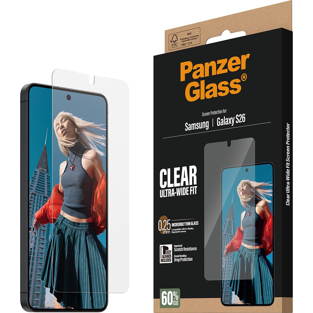 Gehärtetes Glas mit Applikator für Galaxy S26, PanzerGlass Ultra-Wide Fit, Transparent