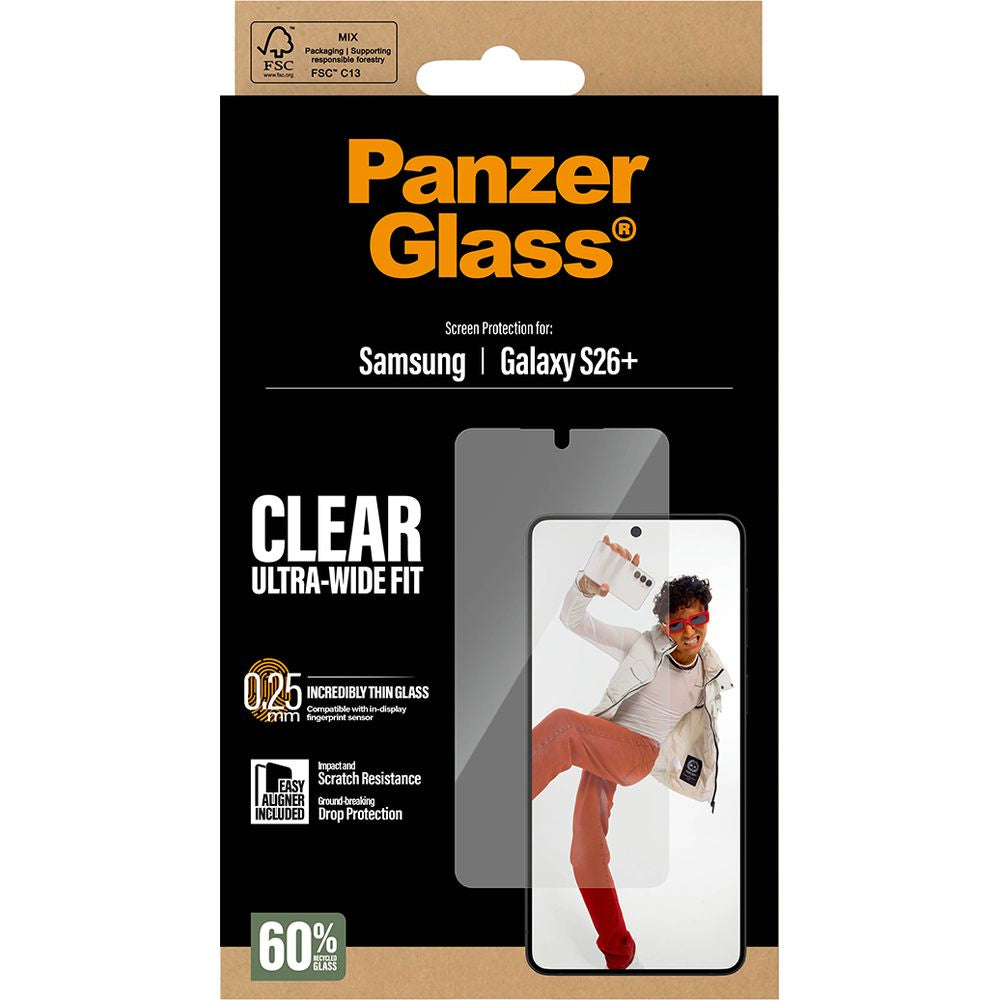 Gehärtetes Glas mit Applikator für Galaxy S26 Plus, PanzerGlass Ultra-Wide Fit, Transparent