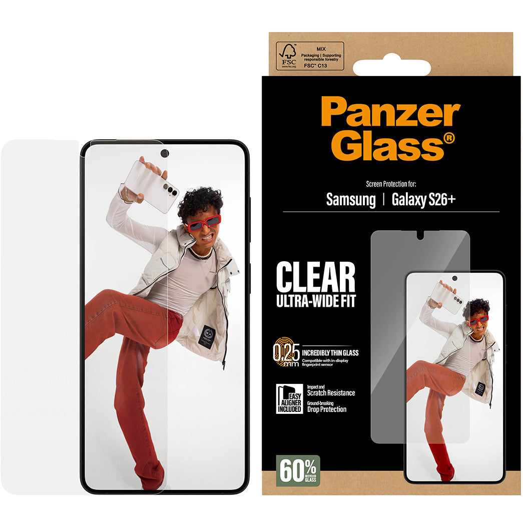 Gehärtetes Glas mit Applikator für Galaxy S26 Plus, PanzerGlass Ultra-Wide Fit, Transparent