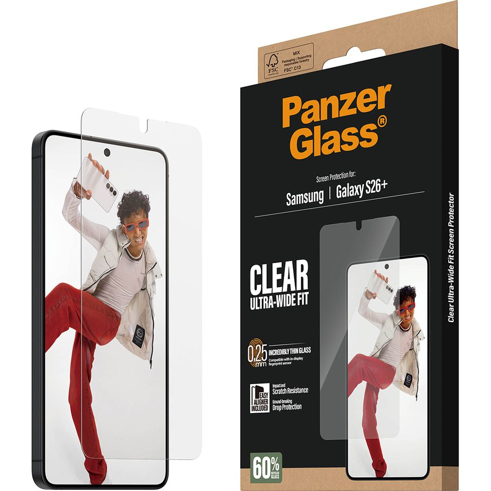 Gehärtetes Glas mit Applikator für Galaxy S26 Plus, PanzerGlass Ultra-Wide Fit, Transparent