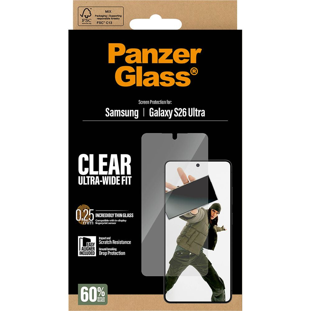 Gehärtetes Glas mit Applikator für Galaxy S26 Ultra, PanzerGlass Ultra-Wide Fit, Transparent