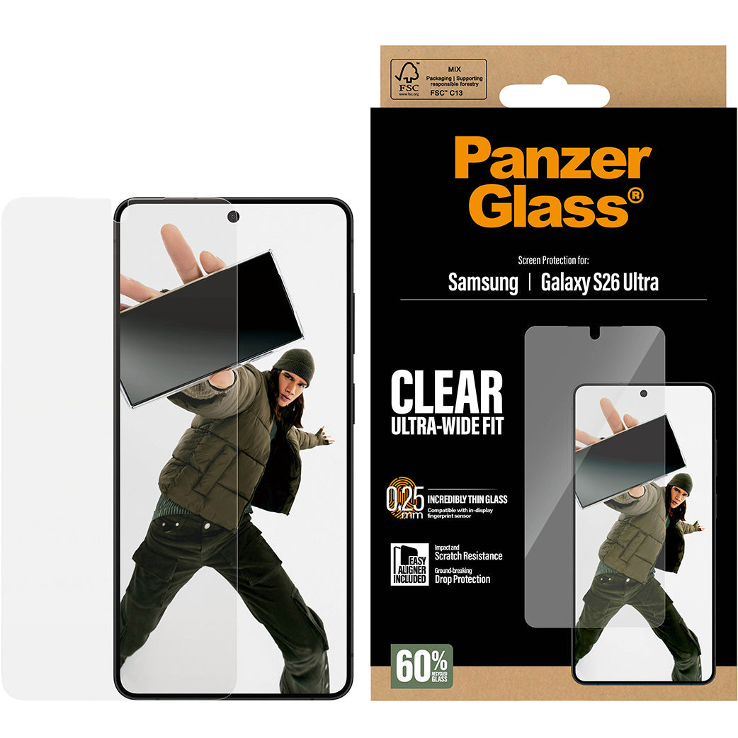 Gehärtetes Glas mit Applikator für Galaxy S26 Ultra, PanzerGlass Ultra-Wide Fit, Transparent