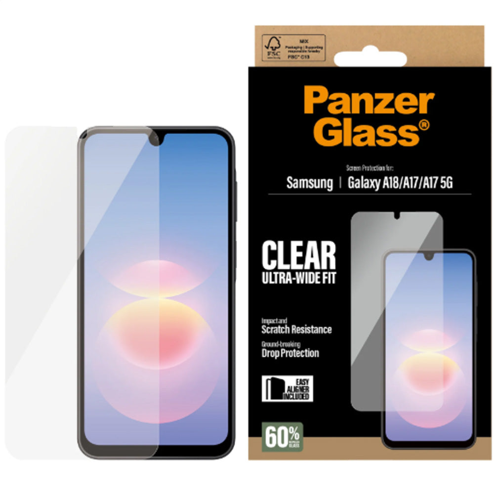 Schutzglas mit Applikator für Galaxy A17 5G / 4G, Galaxy A18 5G, PanzerGlass Ultra-Wide Fit Easy Aligner, Transparent (1/6)