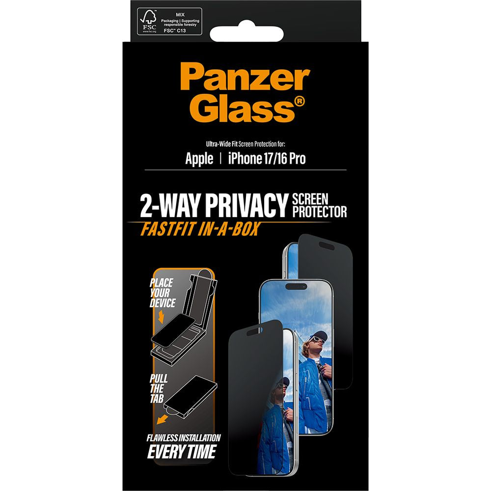 Sichtschutzglas mit Applikator für iPhone 17 / 16 Pro, PanzerGlass 2-way Privacy Ultra-Wide Fit Fastfit