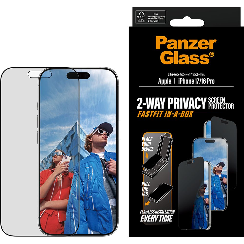 Sichtschutzglas mit Applikator für iPhone 17 / 16 Pro, PanzerGlass 2-way Privacy Ultra-Wide Fit Fastfit