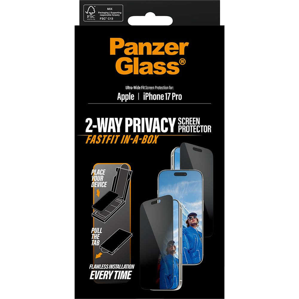Sichtschutzglas mit Applikator für iPhone 17 Pro, PanzerGlass 2-way Privacy Ultra-Wide Fit Fastfit