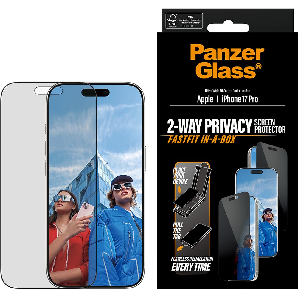 Sichtschutzglas mit Applikator für iPhone 17 Pro, PanzerGlass 2-way Privacy Ultra-Wide Fit Fastfit