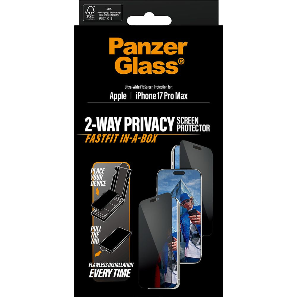 Sichtschutzglas mit Applikator für iPhone 17 Pro Max, PanzerGlass 2-way Privacy Ultra-Wide Fit Fastfit