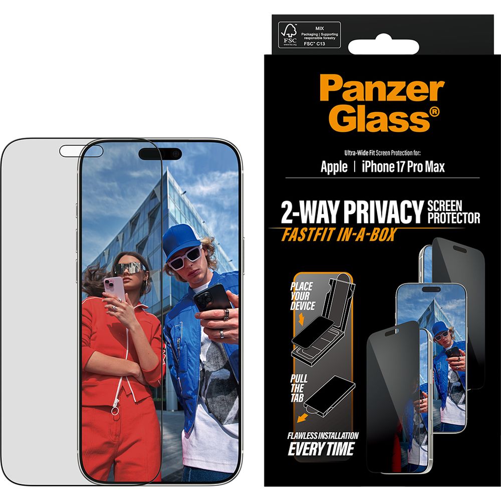 Sichtschutzglas mit Applikator für iPhone 17 Pro Max, PanzerGlass 2-way Privacy Ultra-Wide Fit Fastfit