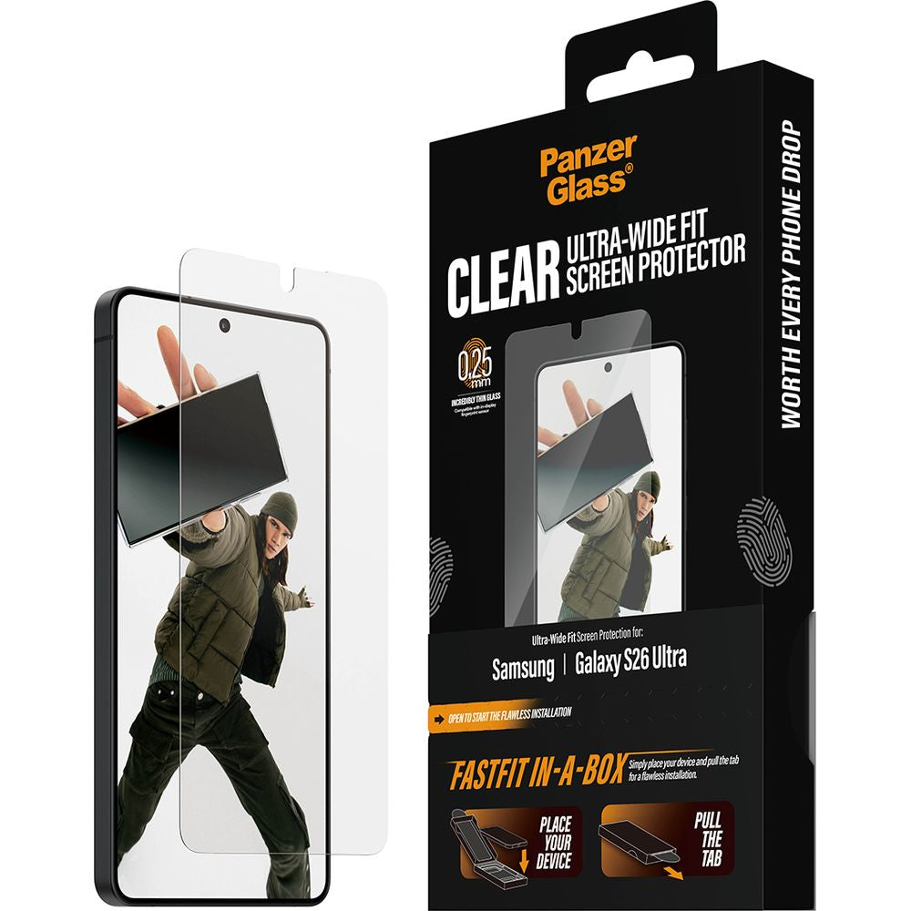 Gehärtetes Glas mit Applikator für Galaxy S26 Ultra, PanzerGlass Clear Ultra-Wide Fastfit