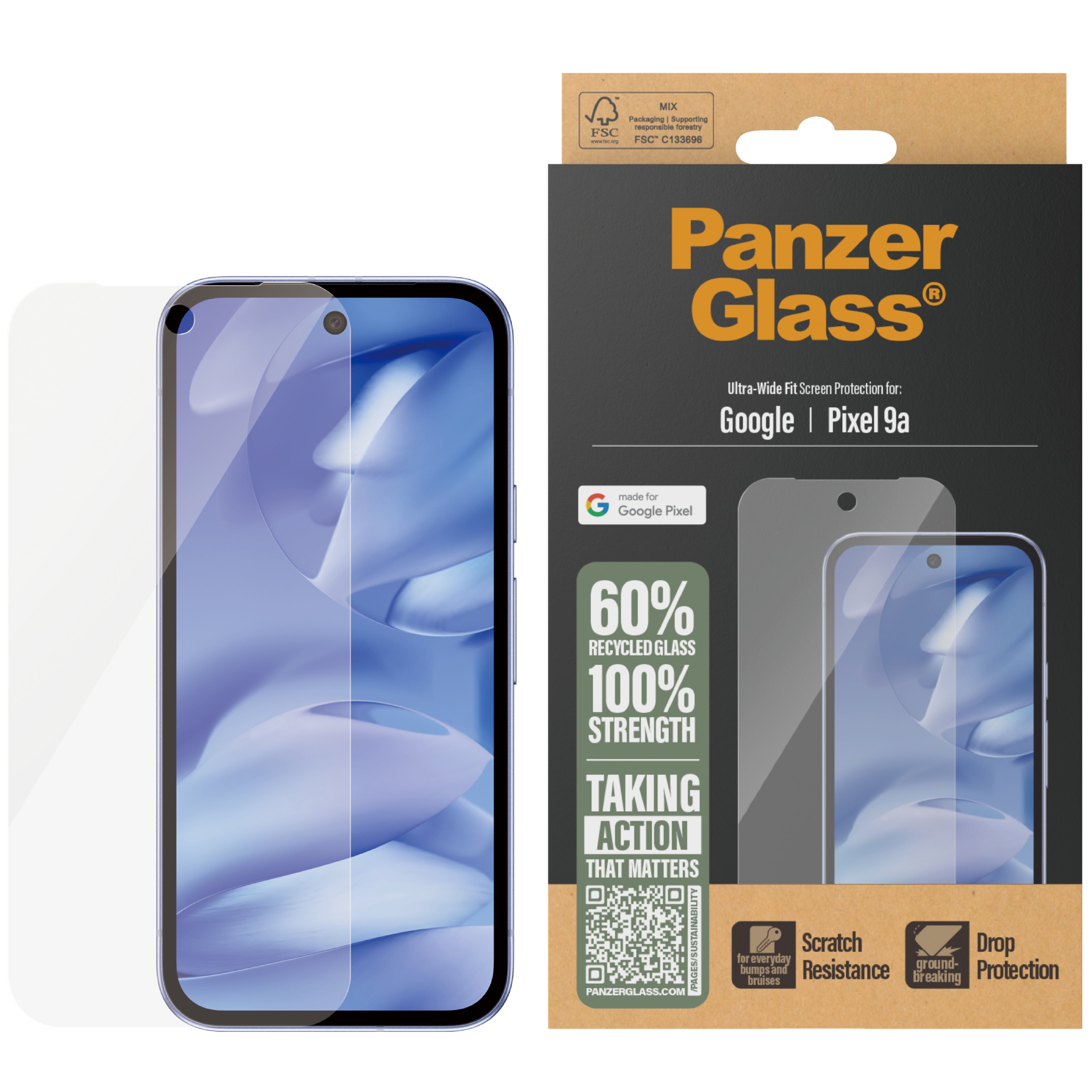 Hartglas für Google Pixel 9a PanzerGlass Ultra-Wide Fit, Transparent