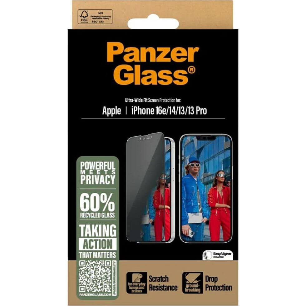 Gehärtetes Glas mit Applikator für iPhone 17e / 16e / 14 / 13 Pro / 13, PanzerGlass Ultra-Wide Fit Privacy EasyAligner, Getönte mit schwarzer Rahmen