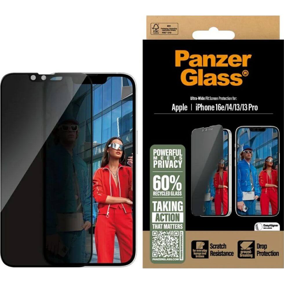 Gehärtetes Glas mit Applikator für iPhone 17e / 16e / 14 / 13 Pro / 13, PanzerGlass Ultra-Wide Fit Privacy EasyAligner, Getönte mit schwarzer Rahmen