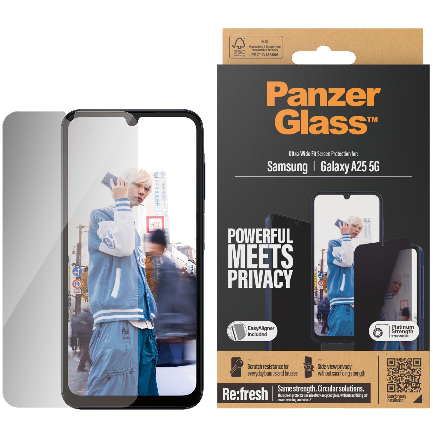 Gehärtetes Glas für Galaxy A25 5G für das gesamte Display PanzerGlass Ultra-Wide Fit Privacy + EasyAligner, Getönte