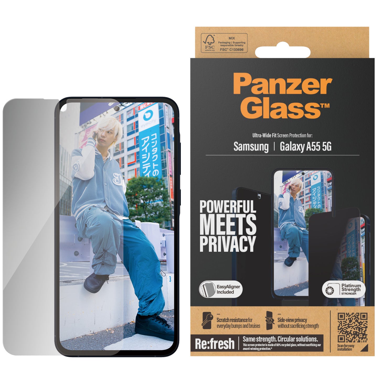 Gehärtetes Glas für Galaxy A55 5G für das gesamte Display PanzerGlass Ultra-Wide Fit Privacy + EasyAligner, Getönte