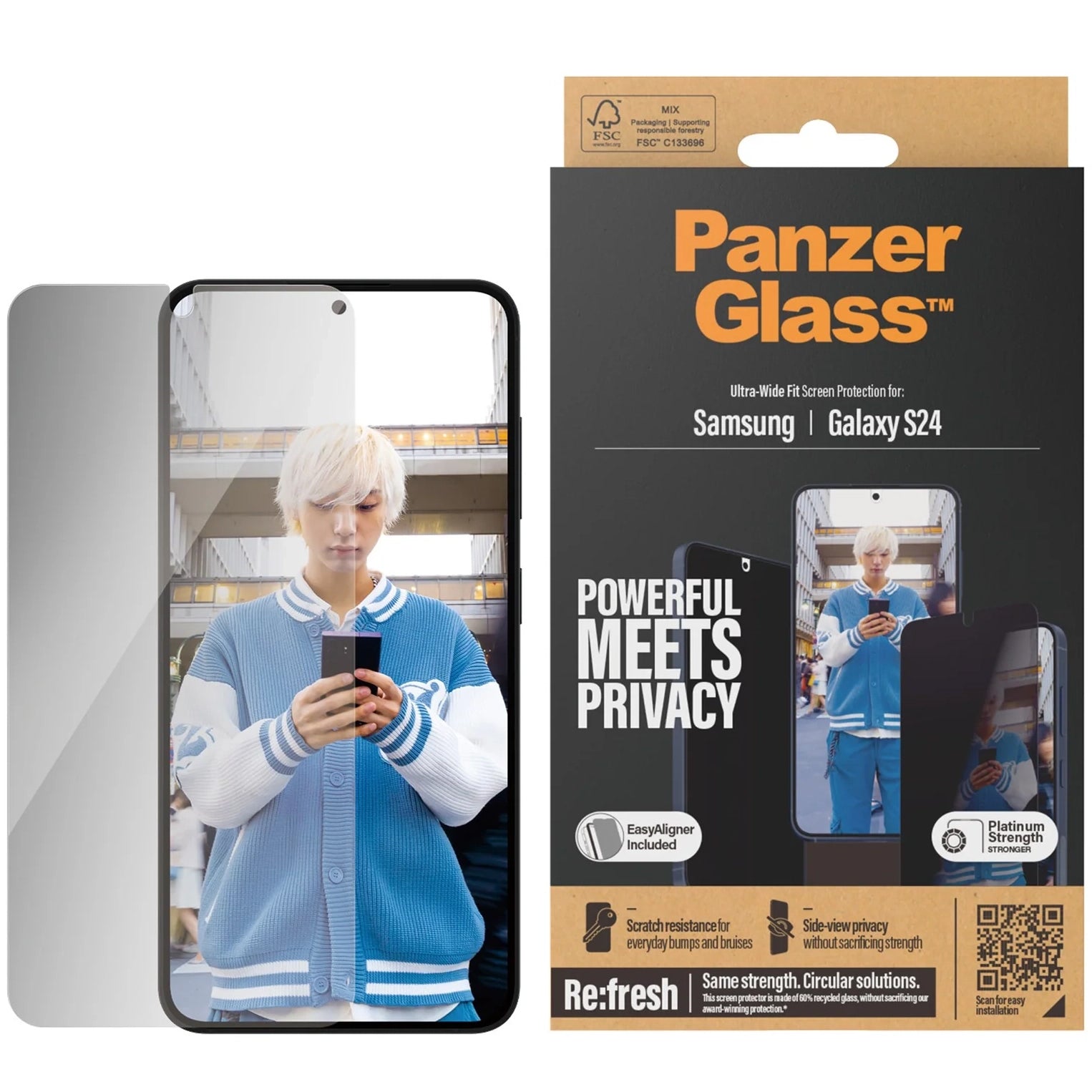 Gehärtetes Glas für Galaxy S24 5G für das gesamte Display PanzerGlass Ultra-Wide Fit Privacy + EasyAligner, Getönte