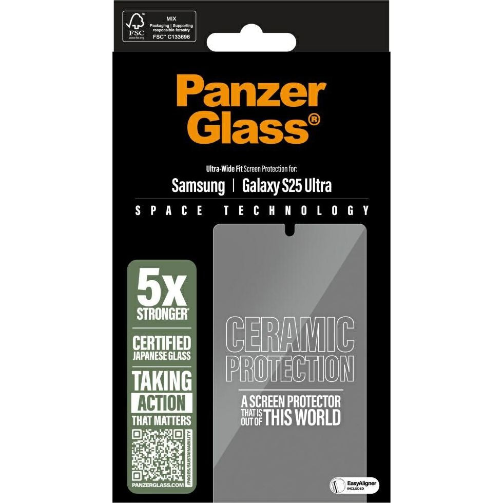 Gehärtetes Glas mit Applikator für Galaxy S25 Ultra, PanzerGlass Ceramic Ultra-Wide Fit + EasyAligner