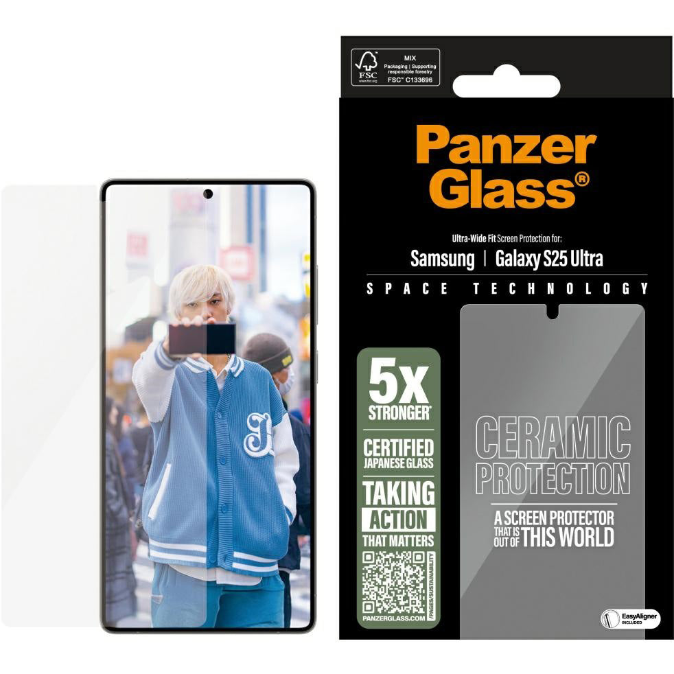 Gehärtetes Glas mit Applikator für Galaxy S25 Ultra, PanzerGlass Ceramic Ultra-Wide Fit + EasyAligner