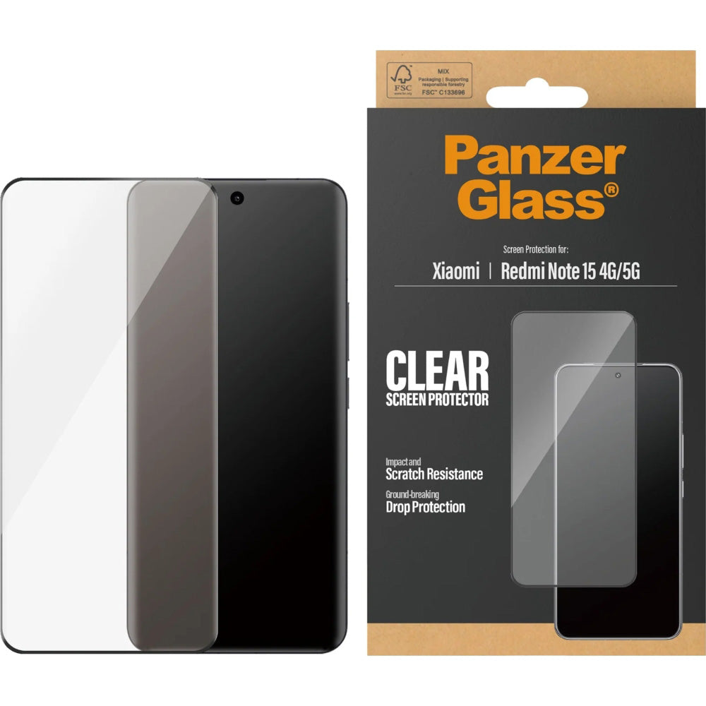 Hartglas für Xiaomi Redmi Note 15 5G / 4G, PanzerGlass Ultra-Wide Fit, schwarzem Rahmen