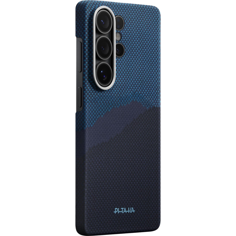 Aramid Handyhülle für Galaxy S26 Ultra, Pitaka Edge Case, mit programmierbaren Tasten Aaron Button, mit MagSafe, Blau und Schwarz