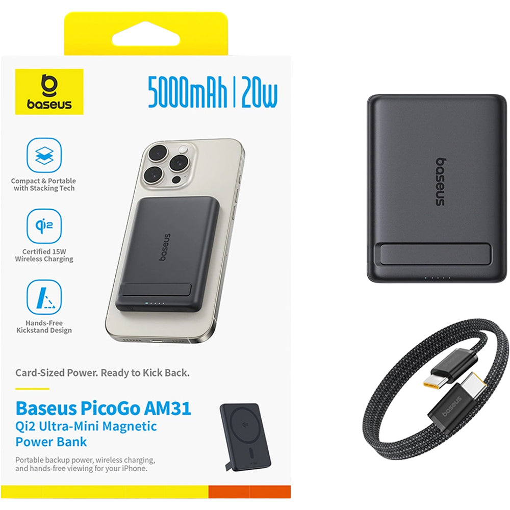 Powerbank Baseus PicoGo AM31, 5000 mAh mit Qi2 15W für MagSafe mit Standfunktion, kompakt, Schwarz
