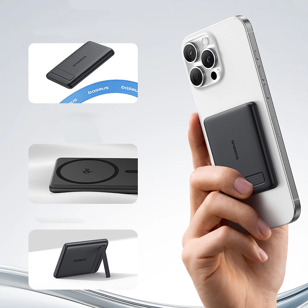 Powerbank Baseus PicoGo AM31, 5000 mAh mit Qi2 15W für MagSafe mit Standfunktion, kompakt, Schwarz
