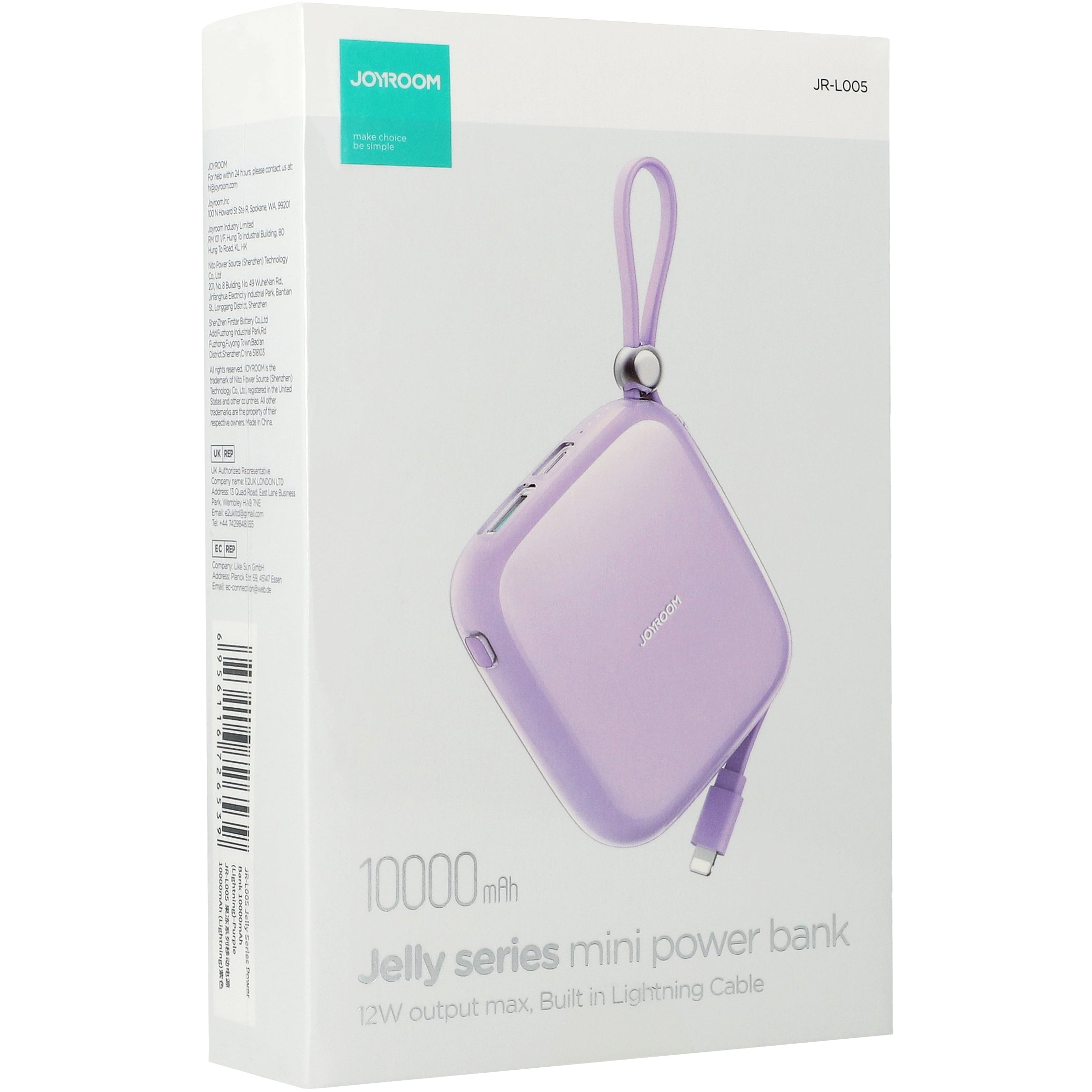 Powerbank Joyroom Jelly Series JR-L005, 10000mAh, USB-A/USB-C, 12W mit Lightning-Kabel, Violett