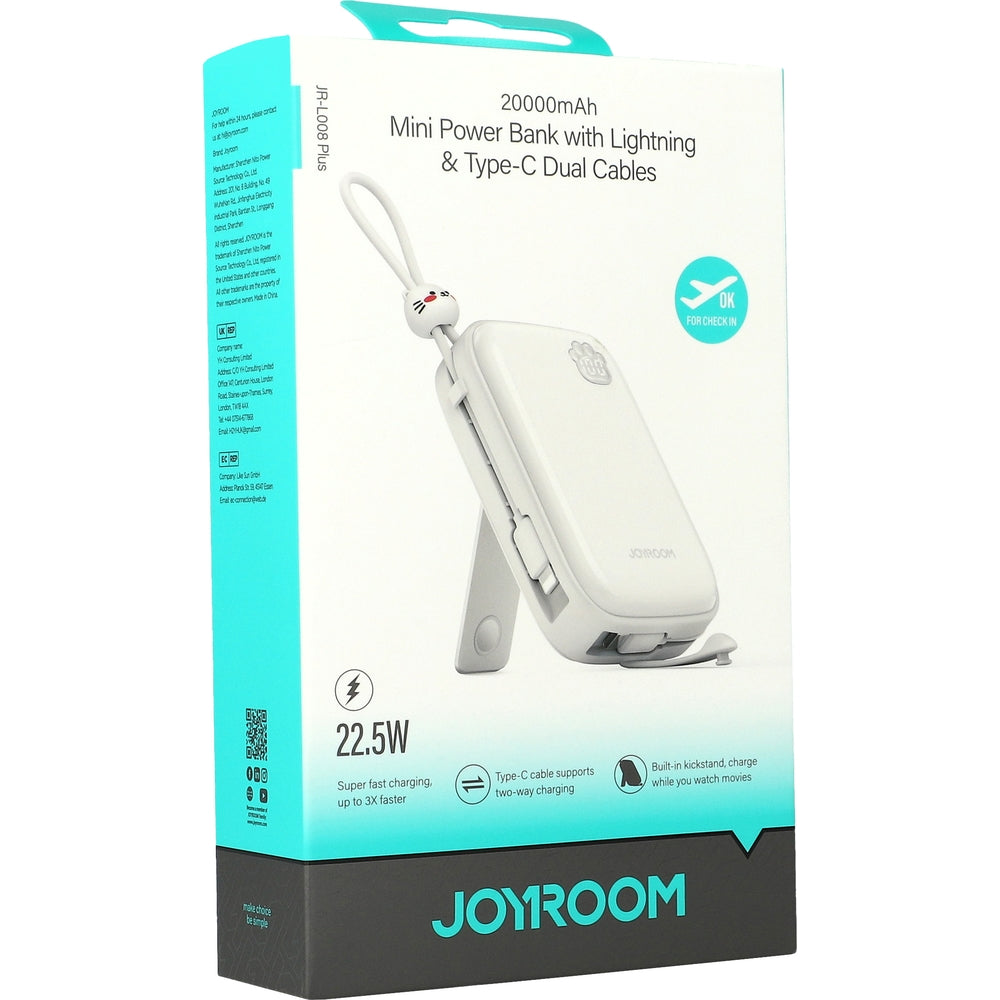 Powerbank USB-C/USB-A, Joyroom Cutie Series, 20000mAh, 22.5W mit Lightning und USB-C Kabel, Weiß