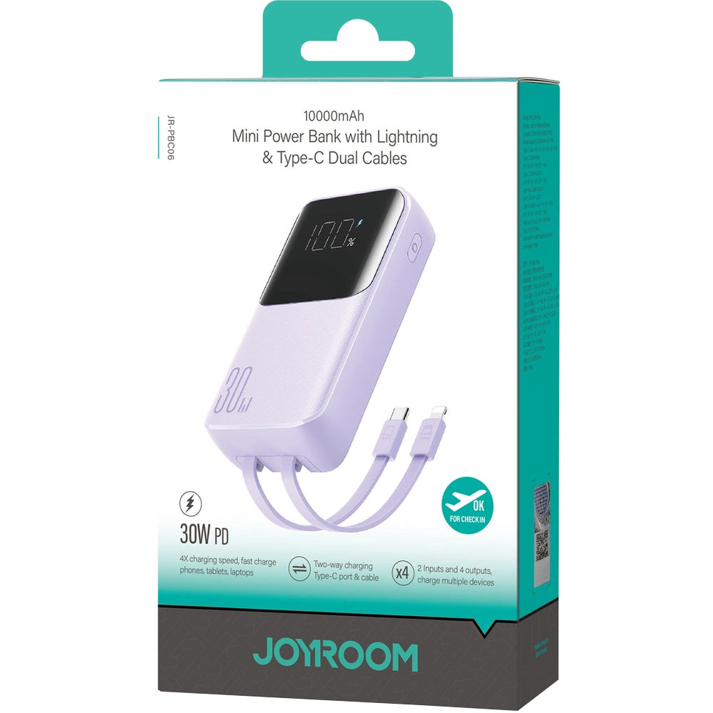 Powerbank Joyroom JR-PBC06 10000mAh, 30W, 1x USB-A / 1x USB-C mit USB-C und Lightning-Kabel, Violett