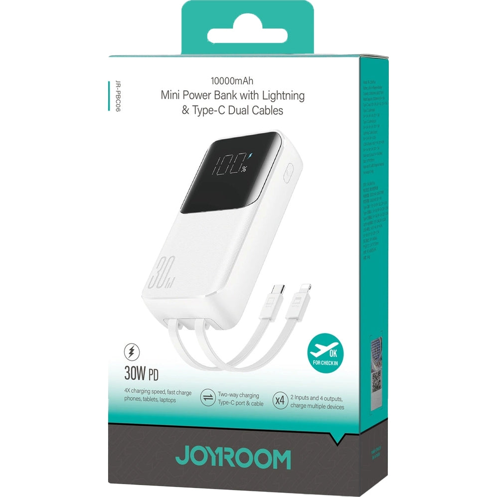 Powerbank Joyroom JR-PBC06 10000mAh, 30W, 1x USB-A / 1x USB-C mit USB-C und Lightning-Kabel, Weiß