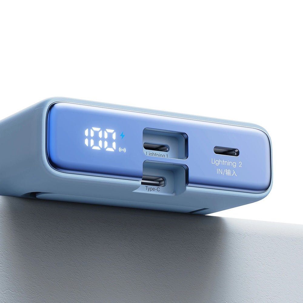 Induktions-Powerbank mit Ständer, Joyroom JR-PBM01 10000mAh 20W mit MagSafe + USB-C-Lightning Kabel, Blau