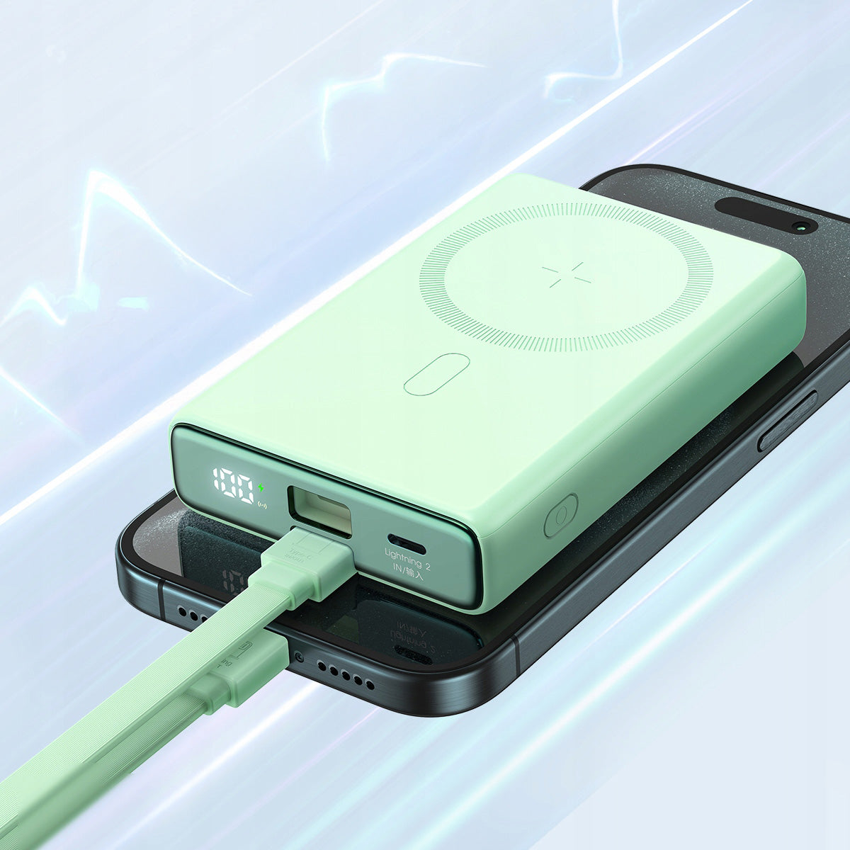 Induktions-Powerbank mit Ständer, Joyroom JR-PBM01 10000mAh 20W mit MagSafe + USB-C-Lightning Kabel, Grün