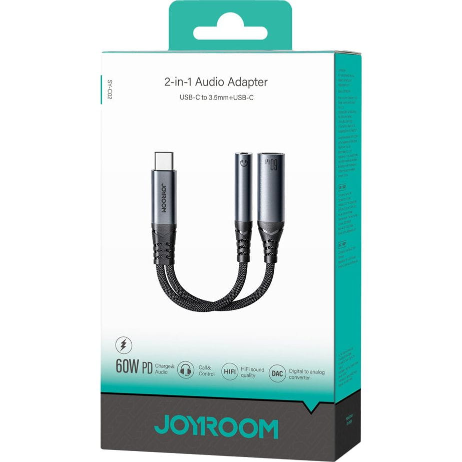 Adapter, 2-in-1 Joyroom SY-C02, USB-C - USB-C PD / Jack 3.5mm DAC, Schwarz