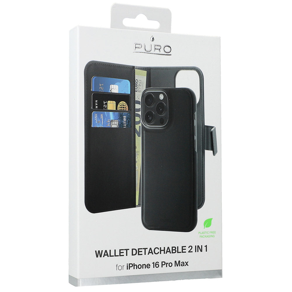 Handyhülle für iPhone 16 Pro Max, Puro Wallet Detachable 2in1, Schwarz