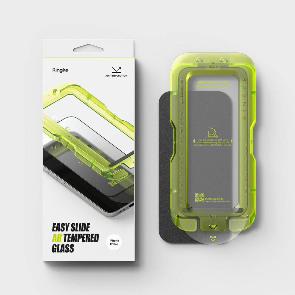 Gehärtetes Antireflexglas mit Applikator für iPhone 17 Pro, Ringke Easy Slide AR, 1 Stück, schwarzer Rahmen