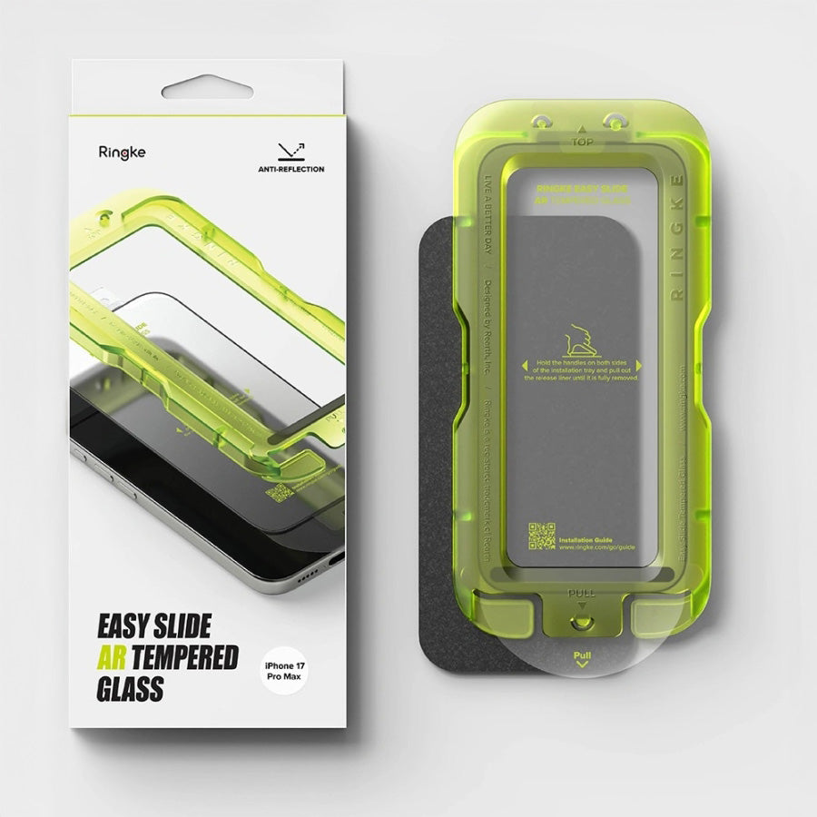 Gehärtetes Antireflexglas mit Applikator für iPhone 17 Pro Max, Ringke Easy Slide AR, 1 Stück, schwarzer Rahmen