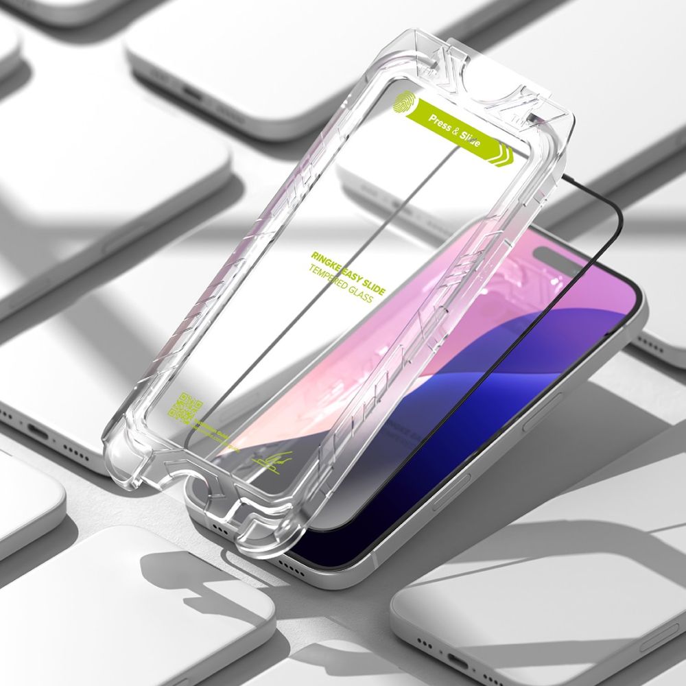 Gehärtetes Bildschirmglas mit Applikator für iPhone 16 Pro, Ringke Easy Slide, Schwarzer Rahmen, 2 Stück