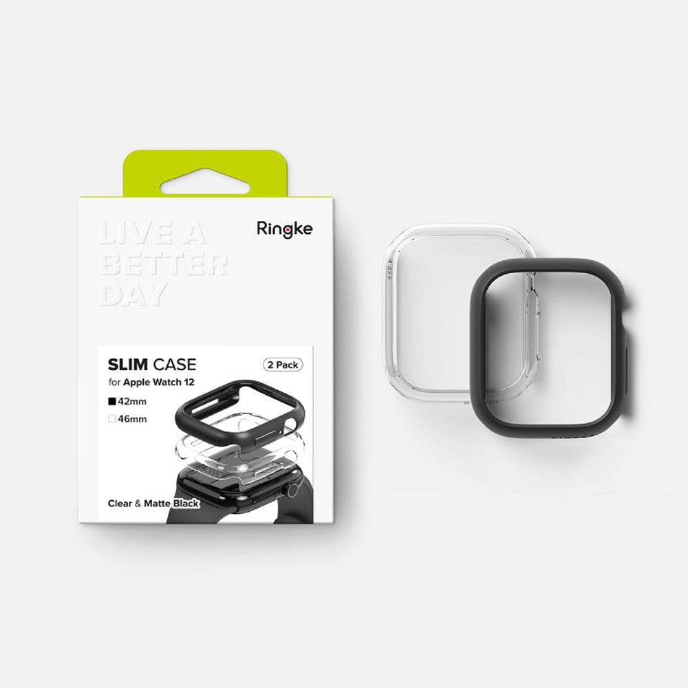 Hülle für Apple Watch Series 12 42mm, Ringke Slim, 2 Stück, Transparent, Mattes Schwarz (6/6)