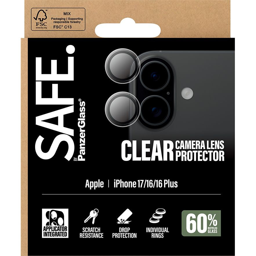 Gehärtetes Glas mit Applikator für iPhone 17 / 16 Plus / 16, SAFE by PanzerGlass Camera Lens Protector, Transparent