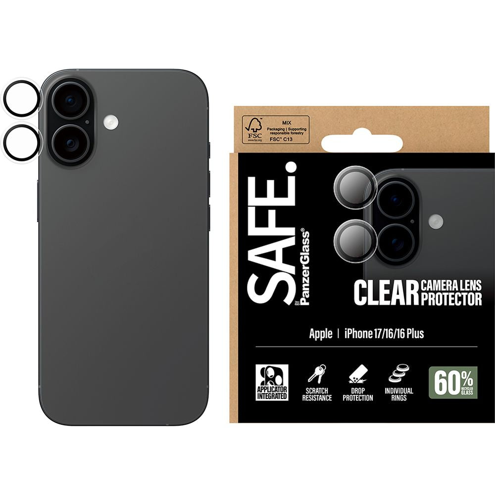 Gehärtetes Glas mit Applikator für iPhone 17 / 16 Plus / 16, SAFE by PanzerGlass Camera Lens Protector, Transparent