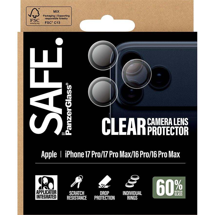 Gehärtetes Glas mit Applikator für iPhone 17 Pro Max / 17 Pro / 16 Pro Max / 16 Pro, SAFE by PanzerGlass Camera Lens Protector, Transparent